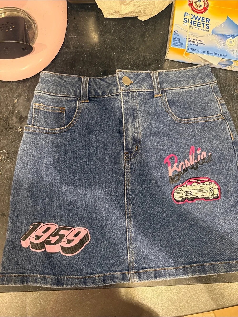 Barbie Blue Denim Mini Skirt with Pink Graphic Patches